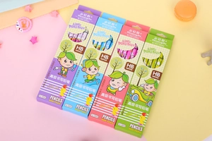 Detailed view of four colorful HB pencil boxes with 12 pieces and cute cartoon patterns