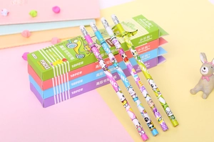 Close-up of HB pencils with cartoon bunny illustrations and white erasers on top