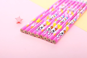 Close-up of pink cartoon HB pencils with graphite tip and eraser on pastel background