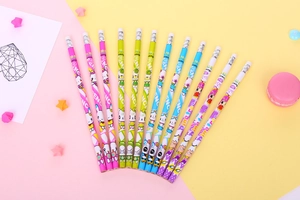 Detailed flat lay of 12 HB cartoon graphite pencils with white erasers for students