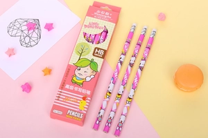 Close-up of pink HB pencils with erasers and cartoon packaging for school students