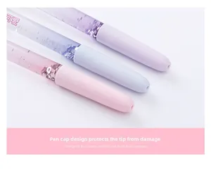 Détails de stylos à paillettes liquides rose et violet avec des motifs mignons