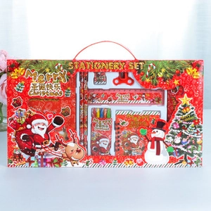 Detailed Christmas stationery set including pencils, ruler and notepad in red gift box