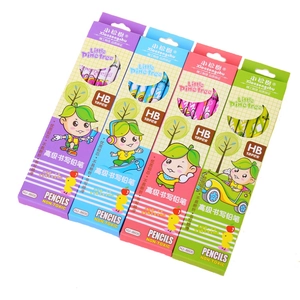 Pack of 12 HB wooden pencils with erasers in colorful cartoon packaging with windows