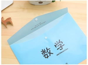 Detail of light blue A4 file folder with snap button and mathematics label in English