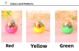 Detailed view of three colorful dinosaur egg erasers in pink, yellow, and green containers