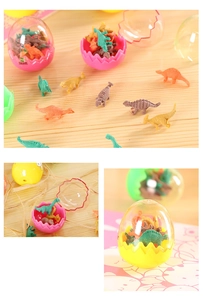 Detail of colorful dinosaur egg erasers showing assembly parts and creative egg packaging