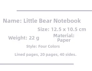 Detailed size chart and specifications for the cartoon bear paper notebook