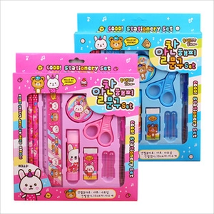 Detailed view of kids cartoon stationery set with scissors glue and pencils in pink and blue