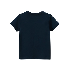 Vue détaillée du dos d'un t-shirt à manches courtes en coton bleu marine pour enfant