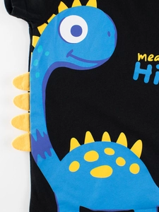 Kids black cotton t-shirt featuring a blue cartoon dinosaur and 3D yellow fabric spikes