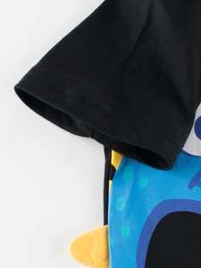 Kids cotton short sleeve T-shirt with blue cartoon dinosaur print and black contrast sleeves