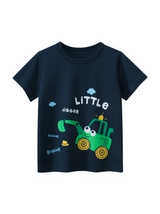 T-Shirt Garçon 100 Pour Cent Coton Imprimé Excavatrice Dessin Animé Manches Courtes Col Rond Été Décontracté Mode Haut