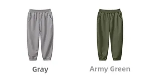Detail of elastic waist and ribbed cuffs on light grey and dark army green kids joggers