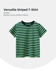 Detail of green striped kids T-shirt showing stretch Lycra cotton fabric texture