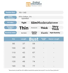 Detailed size chart for kids striped t-shirt showing measurements for 90 to 140 cm heights