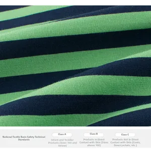 Close-up of green and navy striped cotton fabric with certified safety standards detail