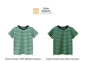 Flat lay of striped cotton t-shirts in emerald and neon green color options