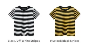 Detail of round neck t-shirts with black, creamy white, and ginger yellow stripes