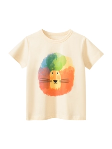 T-Shirt à Manches Courtes pour Garçons 100% Coton Impression Artistique Lion Aquarelle Beige Col Rond Décontracté Respirant Été