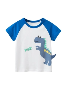 T-Shirt À Manches Courtes Pour Garçons Pur Coton Dinosaure Dessin Animé Manches Raglan Col Rond Été Décontracté Enfants Top
