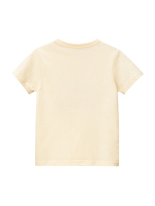 Vue arrière d'un t-shirt enfant en coton beige confortable, présenté à plat sur blanc