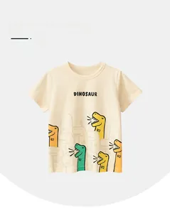 Detail of skin-friendly cotton fabric and colorful cartoon dinosaur print on toddler T-shirt