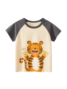T-Shirt Garçon En Coton Manches Raglan Courtes Imprimé Tigre Dessin Animé Casual Été Col Rond Top Doux