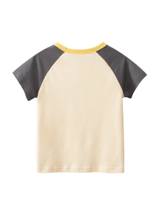 Kids cotton raglan short sleeve T-shirt in cream and grey with yellow ribbed crew neck