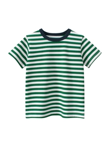 Classic green and white striped cotton T-shirt for boys with a navy blue crew neck