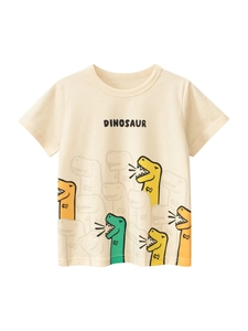 Boys Cartoon Dinosaur Print T-Shirt Pure Cotton Short Sleeve Round Neck Casual Summer Soft Breathable Korean Style Top