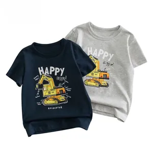 Detail of two boys' cotton t-shirts featuring excavator prints in blue and grey colors