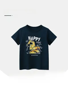 Close-up of kids navy cotton T-shirt with yellow excavator print and engine details