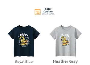 Detail of children's round neck T-shirts with cartoon excavator print in blue and grey