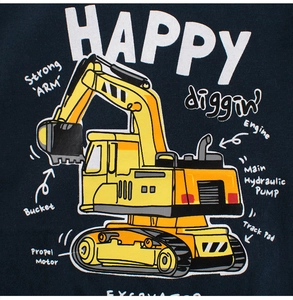 Close-up of kids' navy cotton t-shirt with yellow cartoon excavator print detail