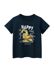 Boys Cotton Short Sleeve T-Shirt Cartoon Excavator Print Crew Neck Casual Summer Top Soft Breathable Clothes