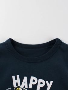 Flat lay of navy blue cotton t-shirt for kids with happy letter print and crew neck design