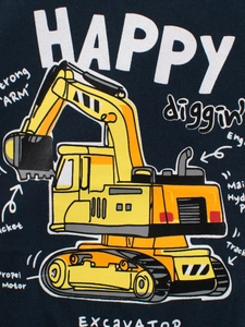Boy's navy blue cotton T-shirt featuring a colorful cartoon excavator and educational text