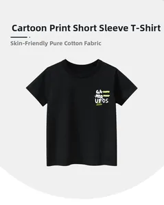 Close-up of black cotton kids T-shirt featuring gamer and UFO cartoon print