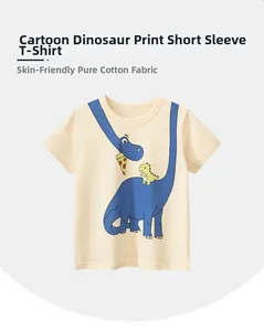 Close-up of soft cotton kids T-shirt with cute blue dinosaur eating pizza print