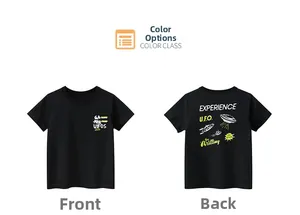Detailed front and back views of black cotton kids UFO print t-shirt with crew neck