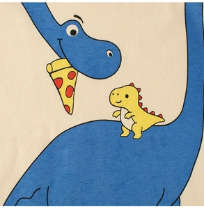 Close-up of cute blue dinosaur eating pizza print on off-white cotton kids T-shirt