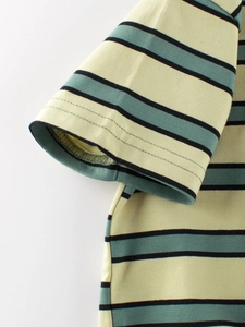 Close-up of striped cotton t-shirt sleeve for boys showing high-quality stitching details