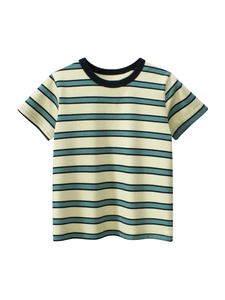 Boys striped short-sleeved cotton T-shirt with green, yellow and black horizontal stripes