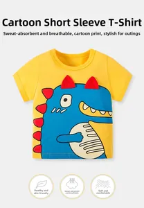 Détail d'un t-shirt jaune en coton avec dinosaure 3D et pointes en tissu rouge