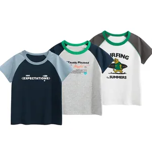 Detailed view of 3-pack kids cotton raglan t-shirts with cartoon bear and letter prints