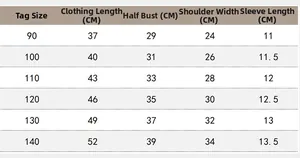 Guide des tailles pour t-shirt enfant avec mesures détaillées du 90 au 140 cm
