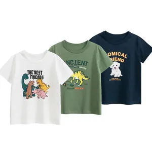 Detail view of 3-pack cotton t-shirts featuring colorful dinosaur and puppy prints