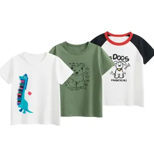 Detailed view of 3-pack cotton t-shirts with dinosaur, bear and dog cartoon prints