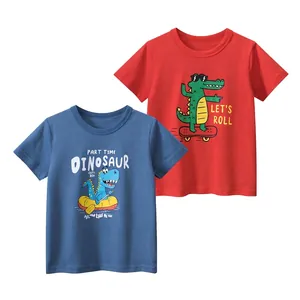 Detail of two-pack kids cotton t-shirts with dinosaur and crocodile cartoon prints